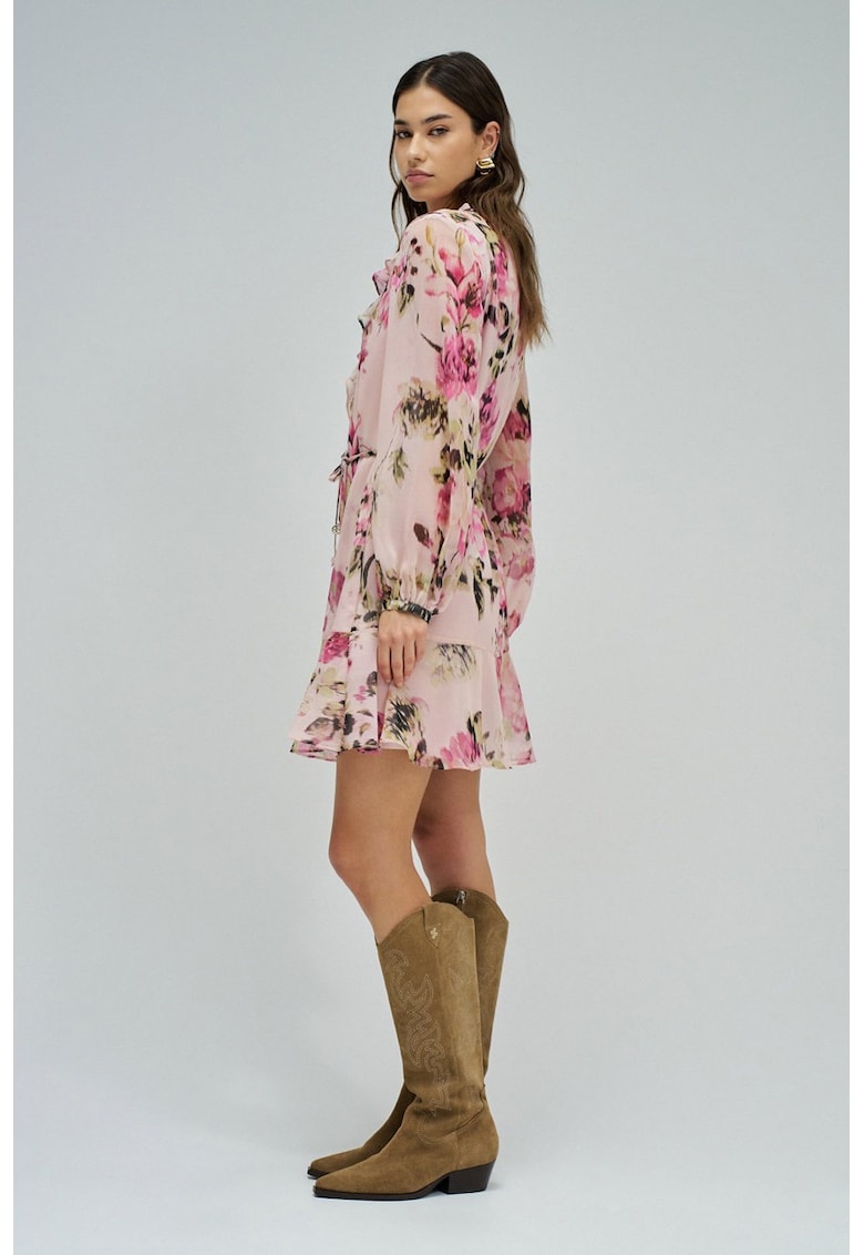 Rochie cu volane si imprimeu floral - Roz aprins/Roz pastel/Verde pal