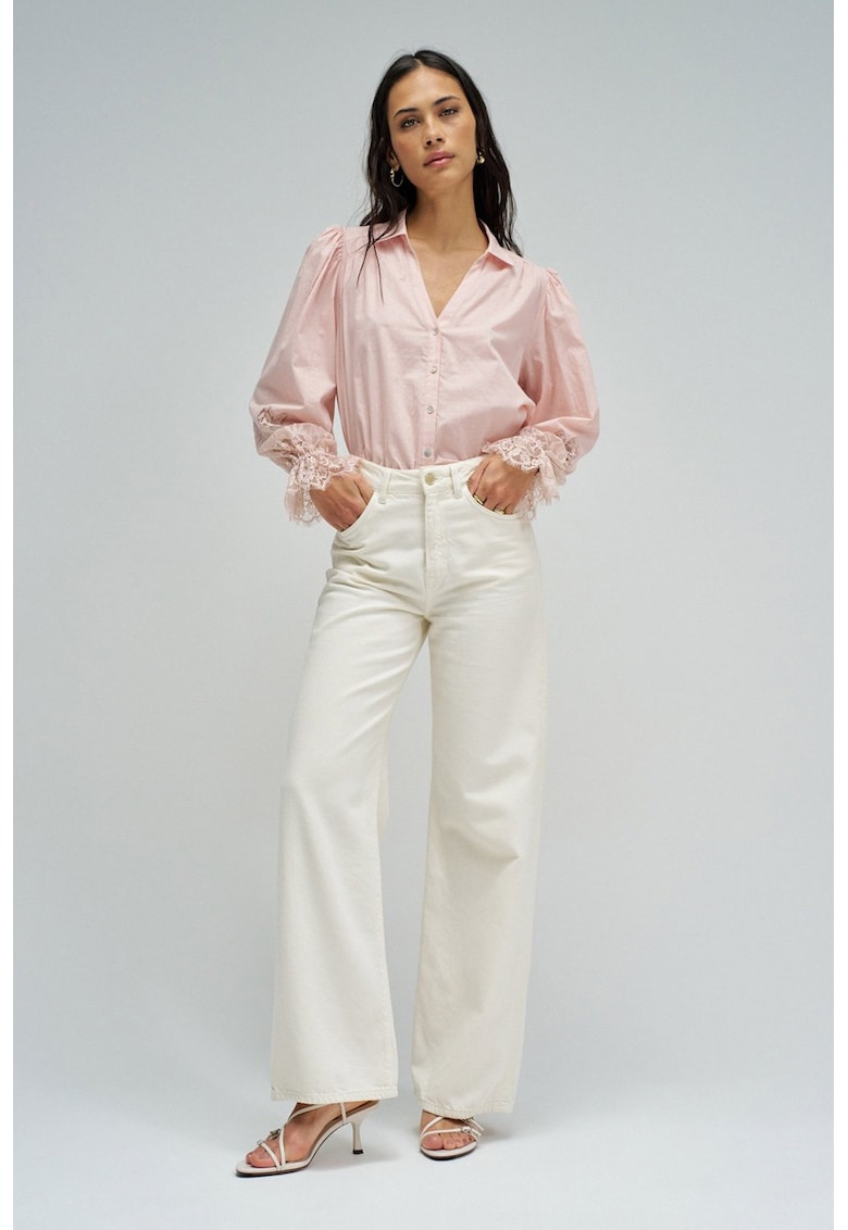 Camasa din bumbac cu mansete din dantela - Roz pastel