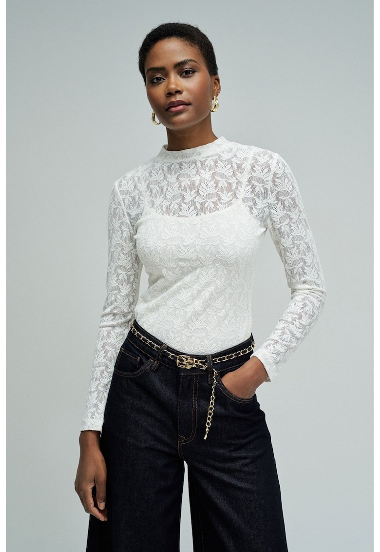 Bluza slim fit elastica din dantela - Alb