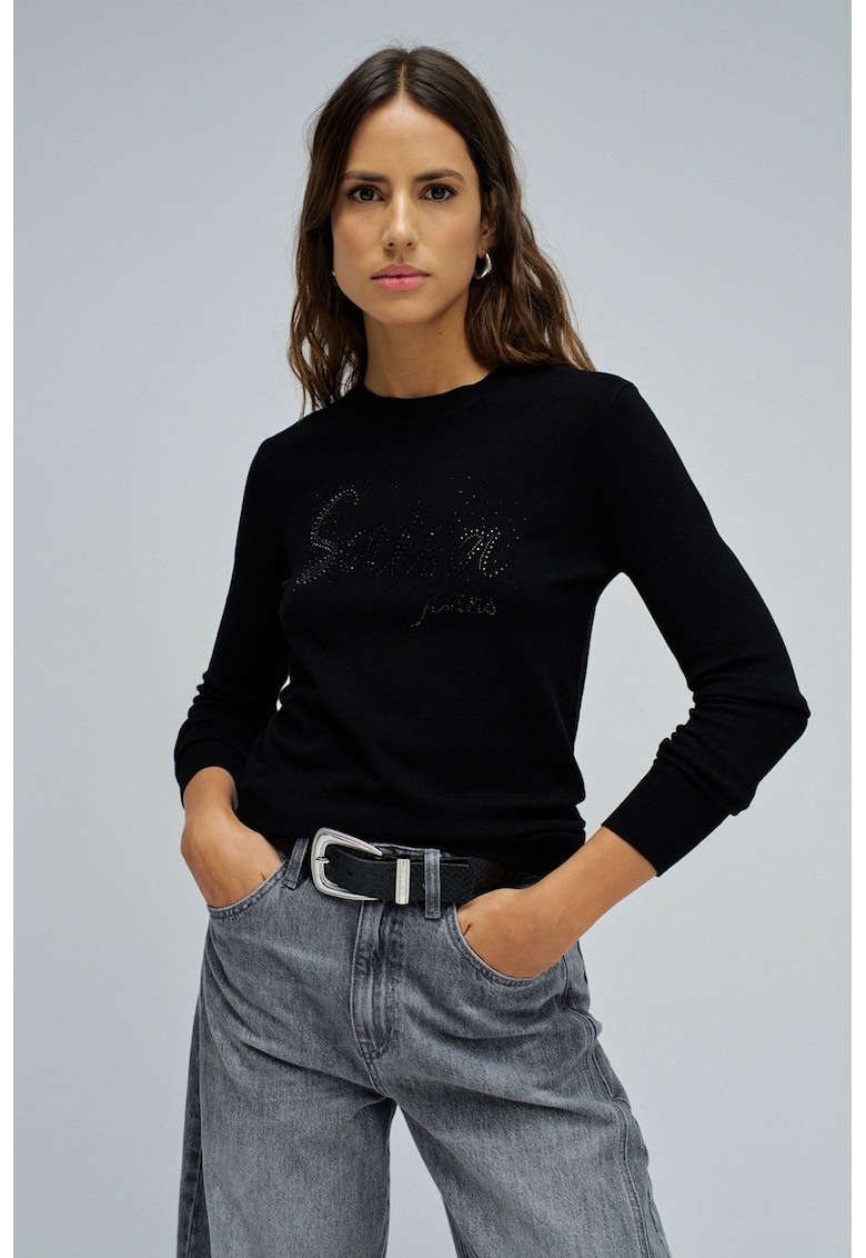 Pulover slim fit cu logo cu strasuri - Negru/Argintiu