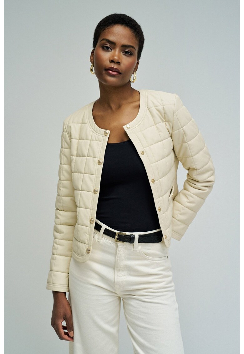 Jacheta cu vatelina subtire si efect de piele - Alb fildes