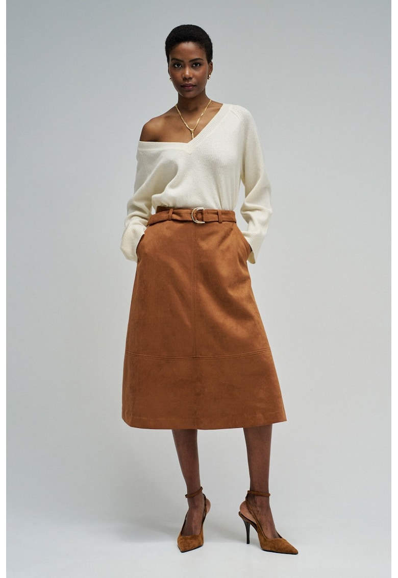 Fusta midi din piele intoarsa sintetica - Maro scortisoara