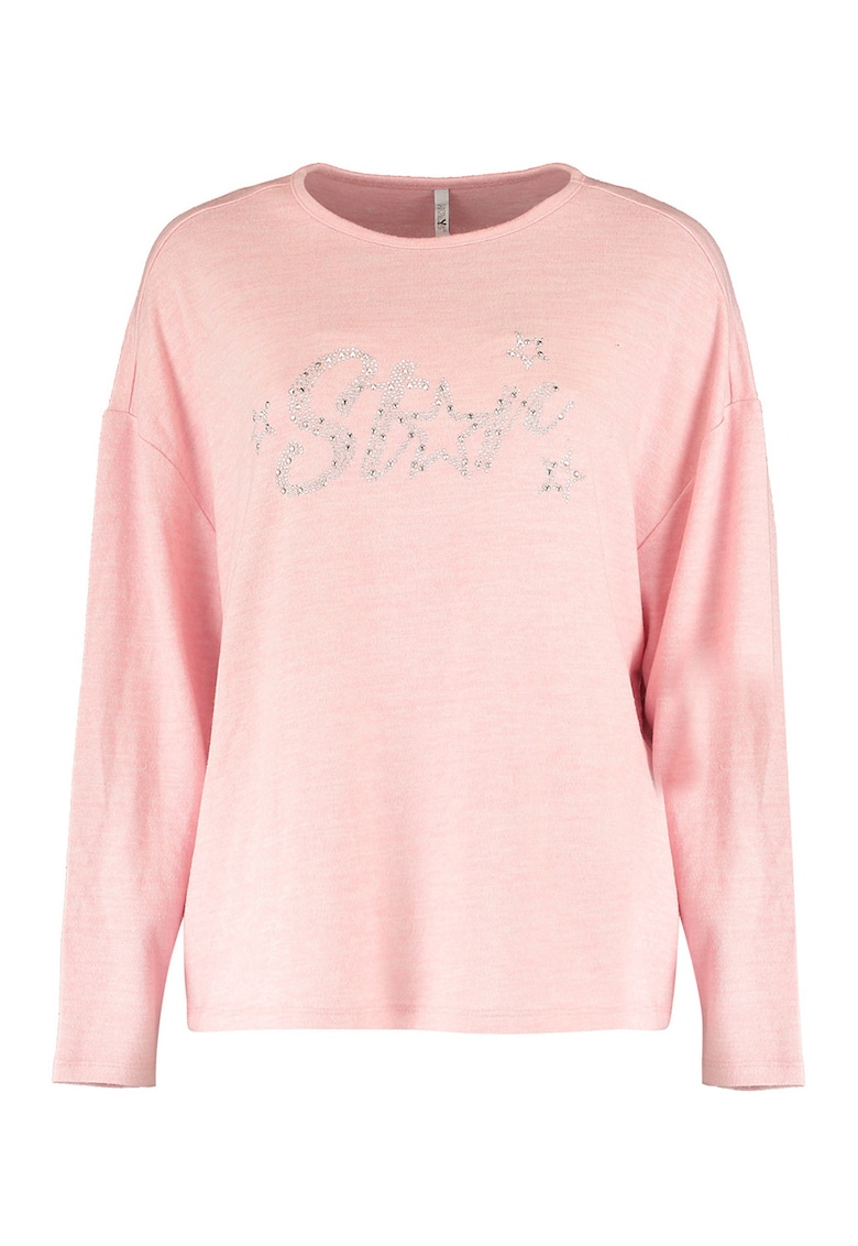 Bluza cu decolteu la baza gatului si text - Roz pal/Argintiu