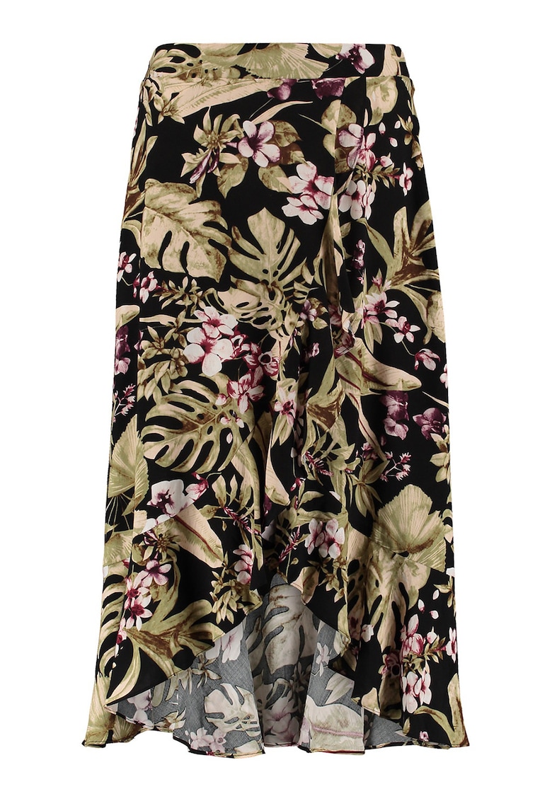 Fusta petrecuta cu model tropical - Negru/Roz zmeuriu/Verde sparanghel