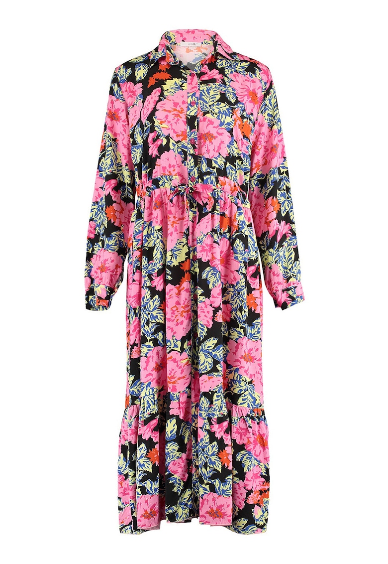 Rochie-camasa cu model floral - Albastru inchis/Roz aprins/Verde pal