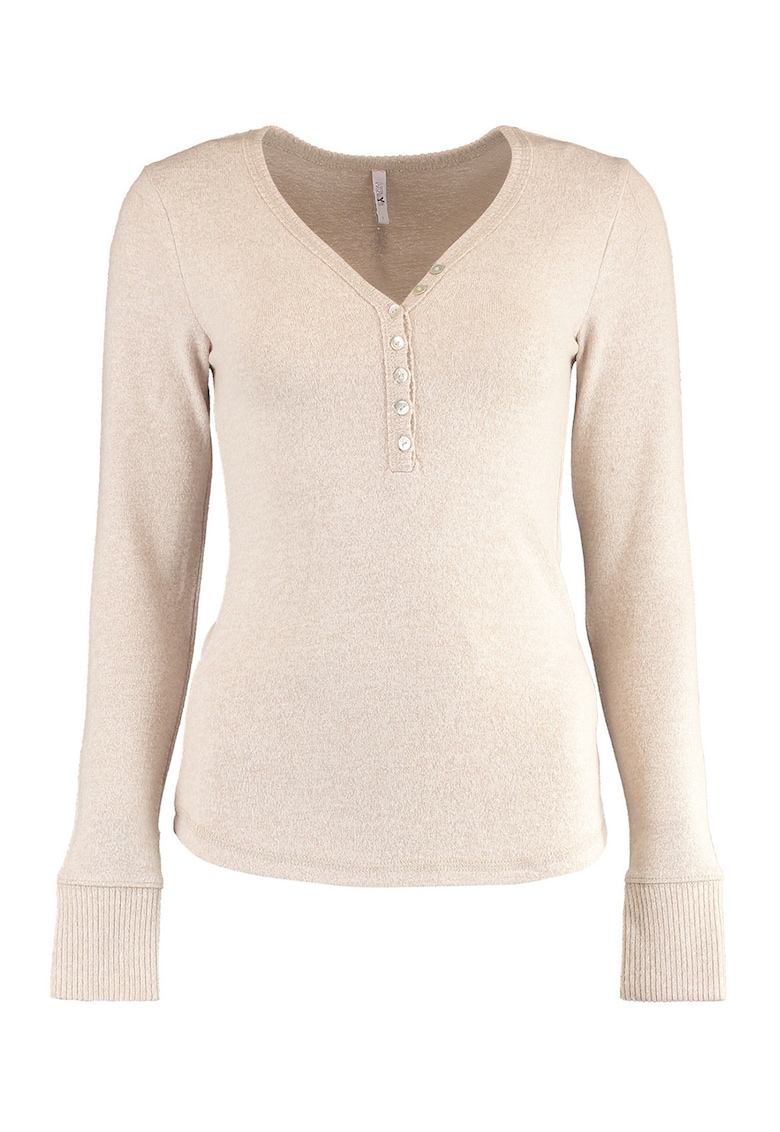 Bluza cu decolteu in V si fenta scurta cu nasturi - Maro camel