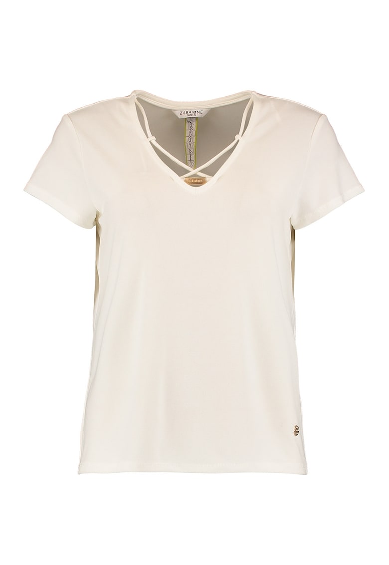 Tricou cu decolteu in V si detaliu cu cruce - Alb murdar