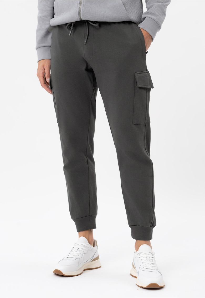 Pantaloni cargo jogger din bumbac - regular fit - buzunar lateral cu clapa - talie elastica cu snur - N-Cave - grafit - Gri grafit