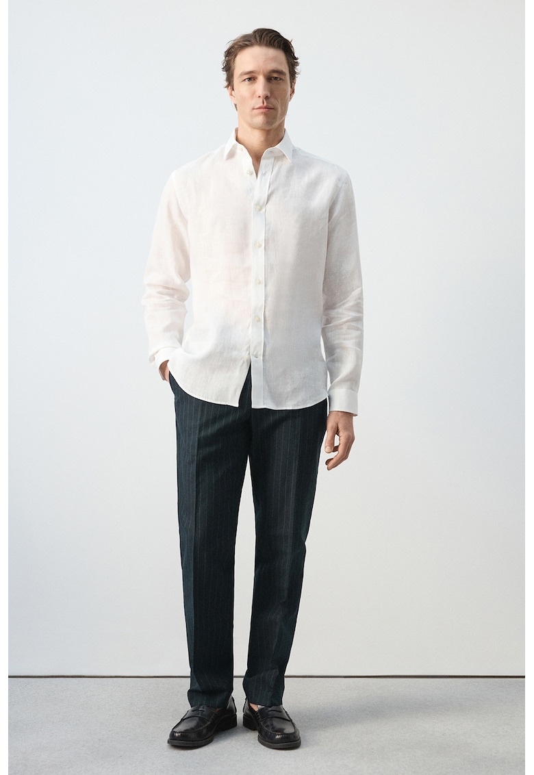 Pantaloni din amestec de in cu dungi discrete - Bleumarin