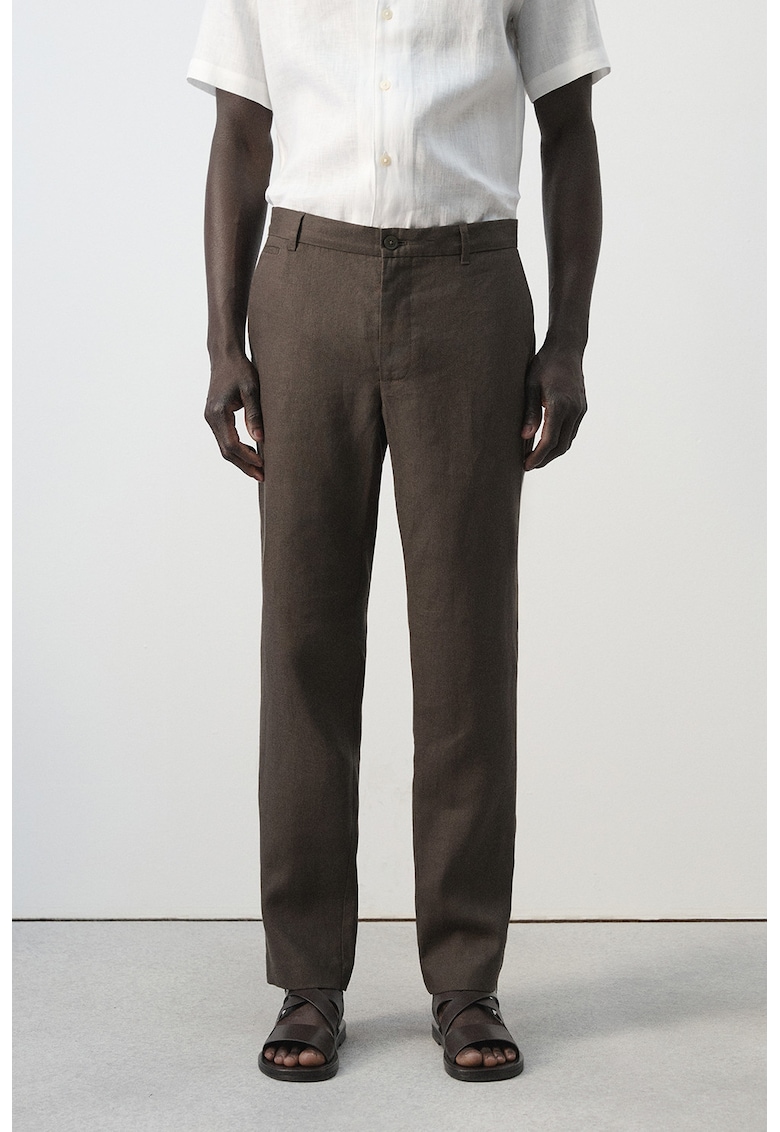 Pantaloni slim-fit din in - Maro inchis