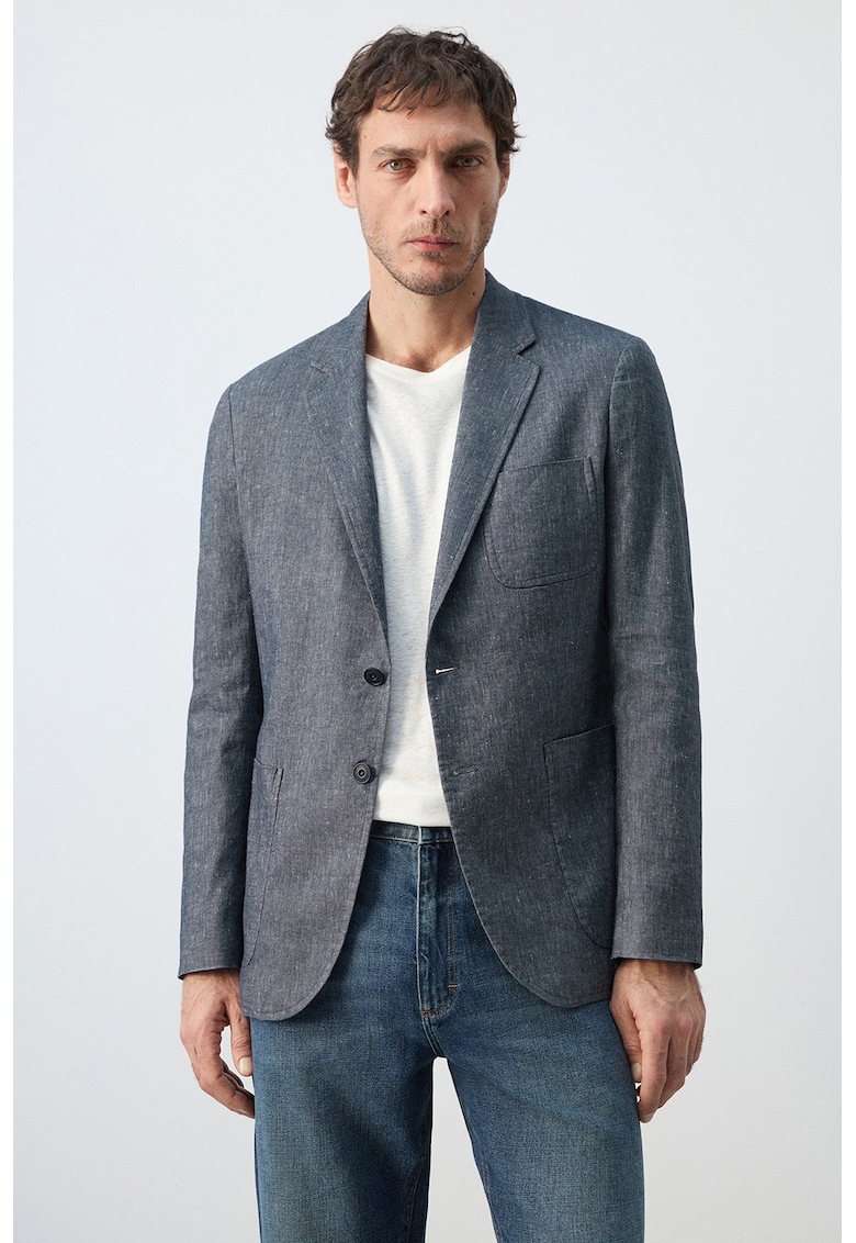 Sacou slim-fit din amestec de in - Albastru inchis melange