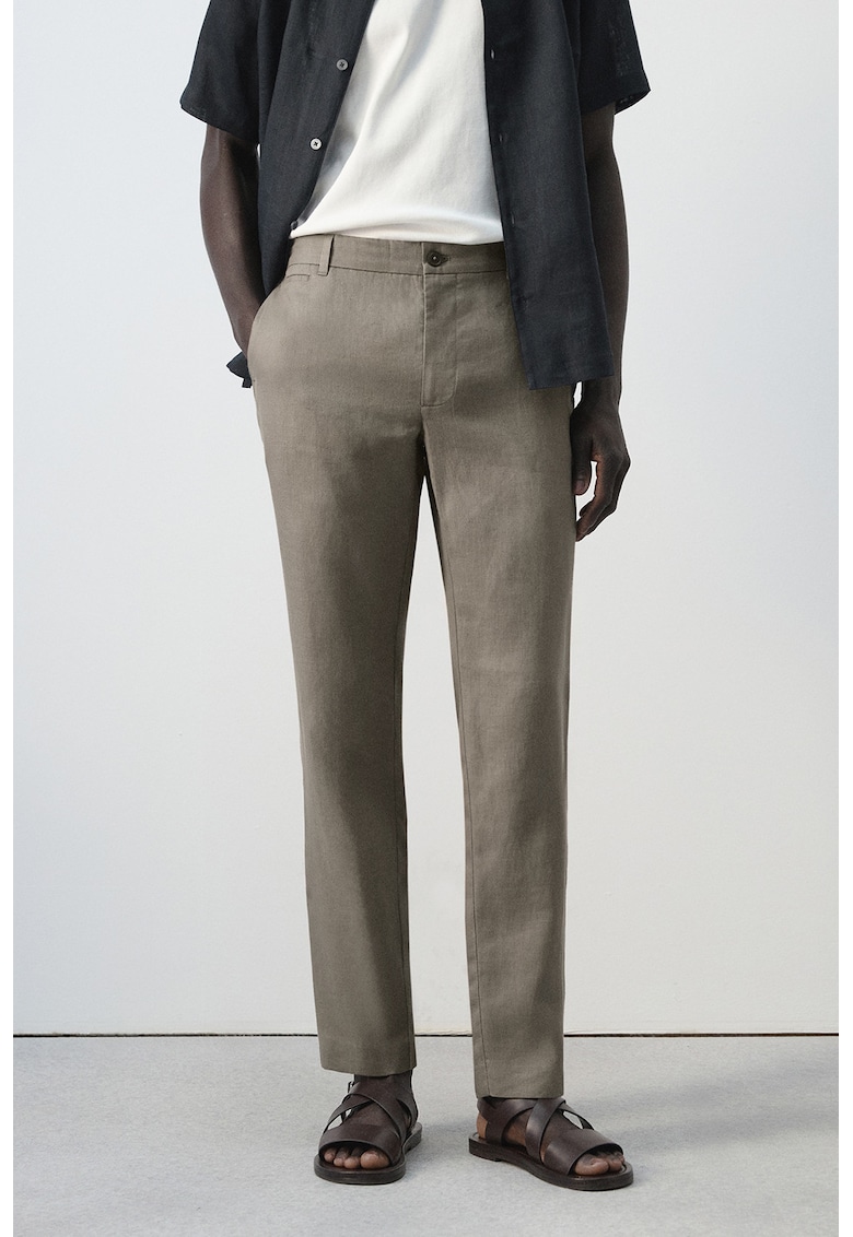 Pantaloni slim-fit din in - Maro camel