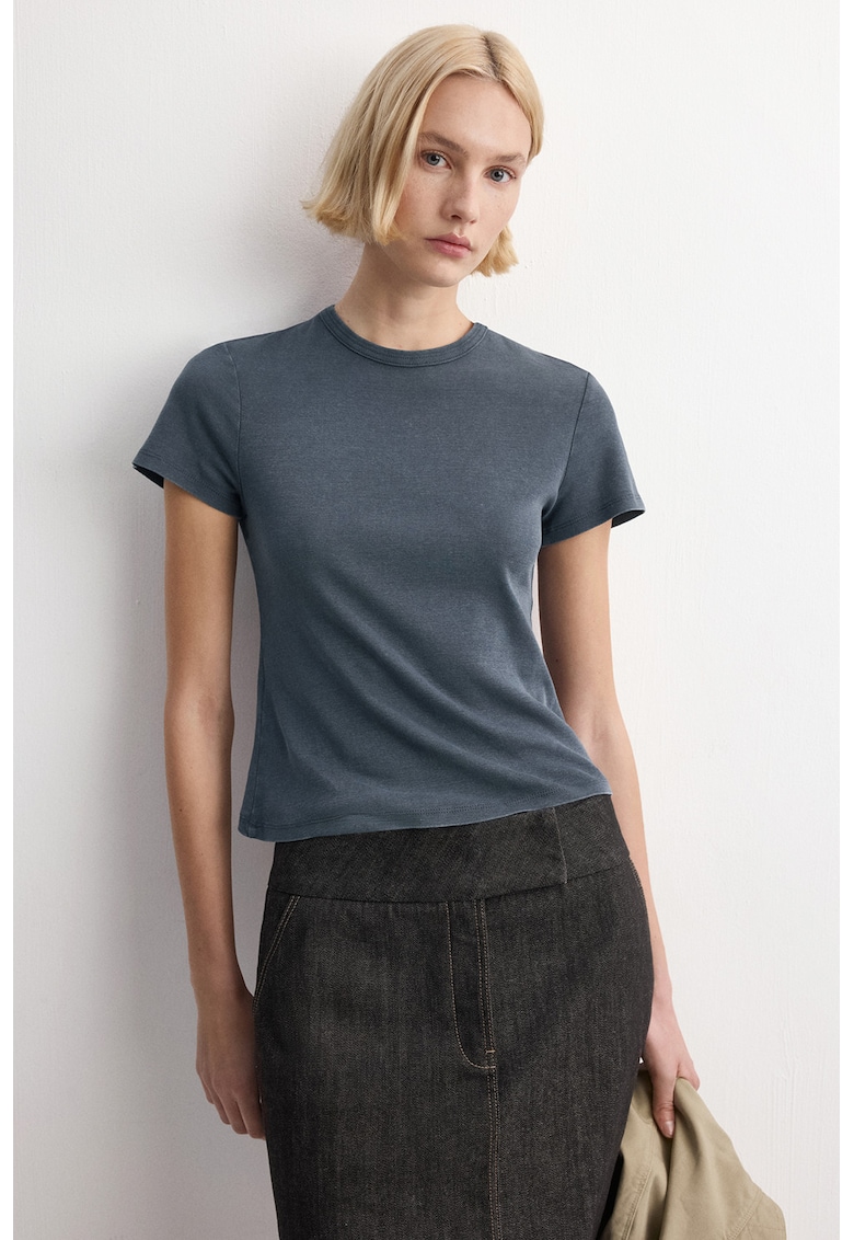 Tricou din bumbac cu decolteu la baza gatului - Gri carbune