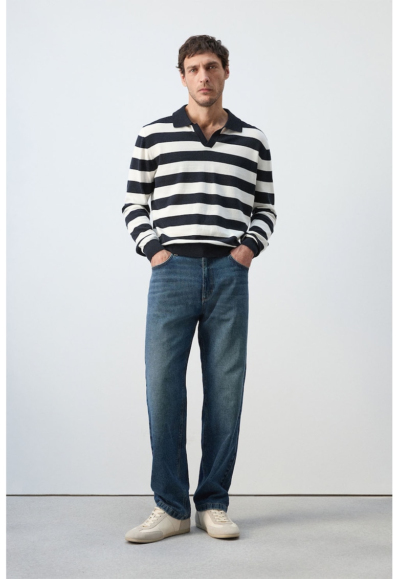 Bluza polo din bumbac cu dungi - Alb/Bleumarin