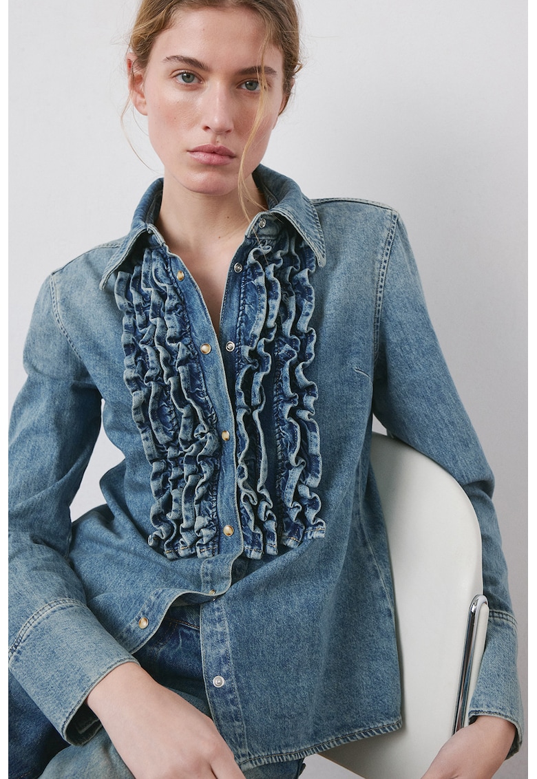 Camasa din denim cu garnituri cu volane - Albastru stins