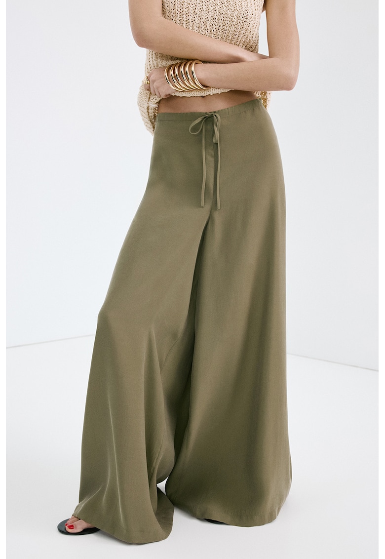 Pantaloni din amestec de modal cu croiala ampla cu talie inalta - Kaki