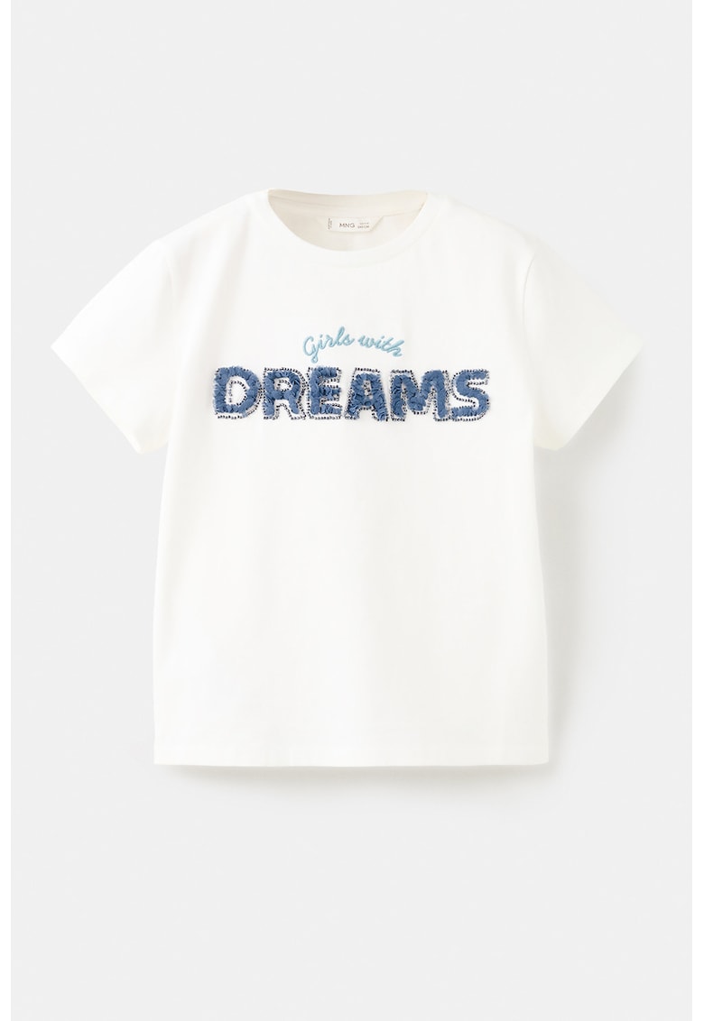 Tricou de bumbac cu broderie si margele - Alb/Albastru