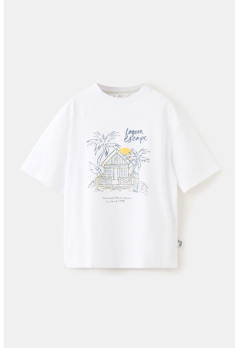 Tricou de bumbac cu imprimeu tropical - Alb