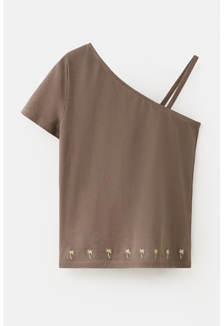 Tricou brodat cu decolteu asimetric - Maro taupe