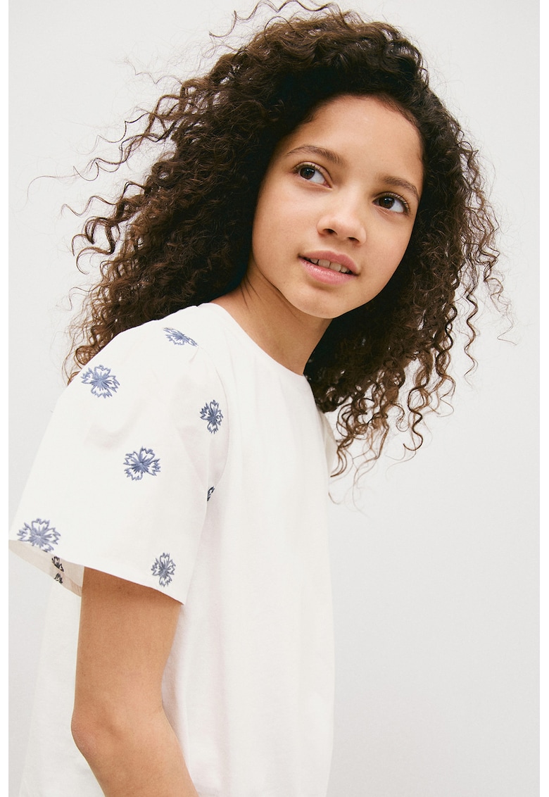 Tricou cu broderoe florala - Alb/Albastru