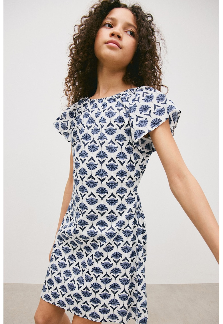 Rochie scurta de bumbac cu model floral - Alb/Bleumarin