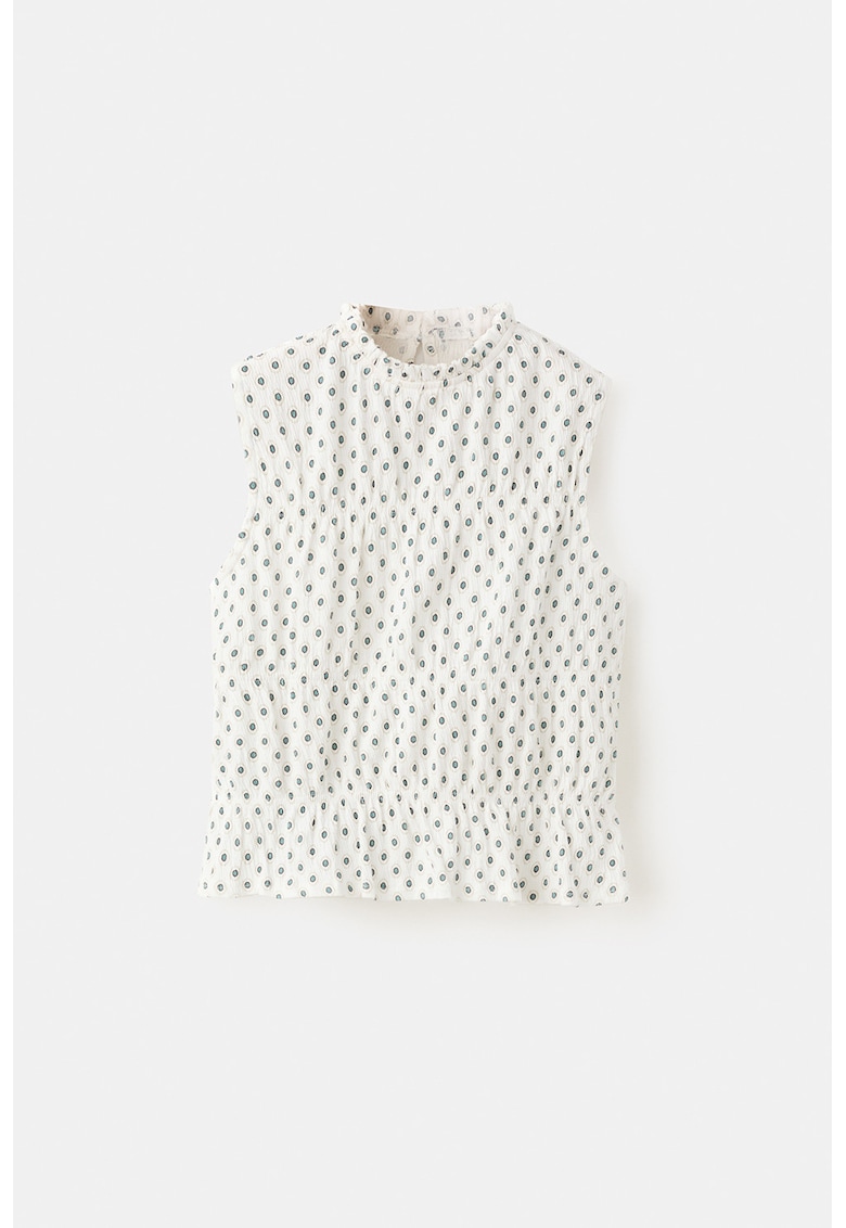 Tricou fara maneci cu model cu buline si guler scurt - Alb