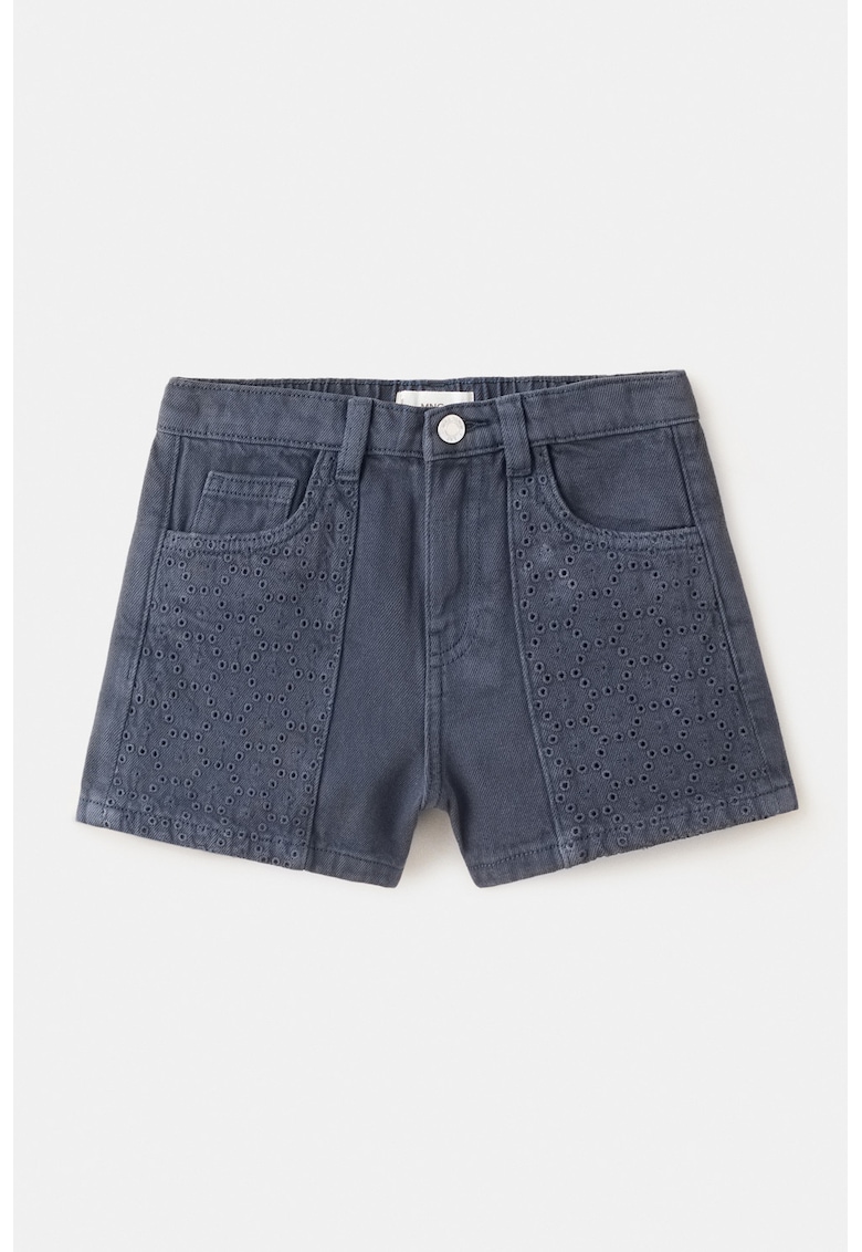 Pantaloni scurti de bumbac cu broderie - Albastru inchis melange