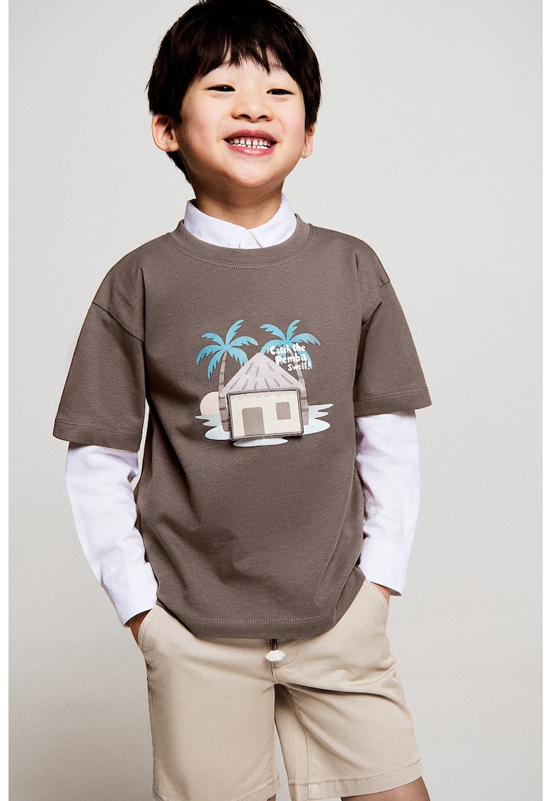 Tricou de bumbac cu imprimeu grafic - Maro inchis