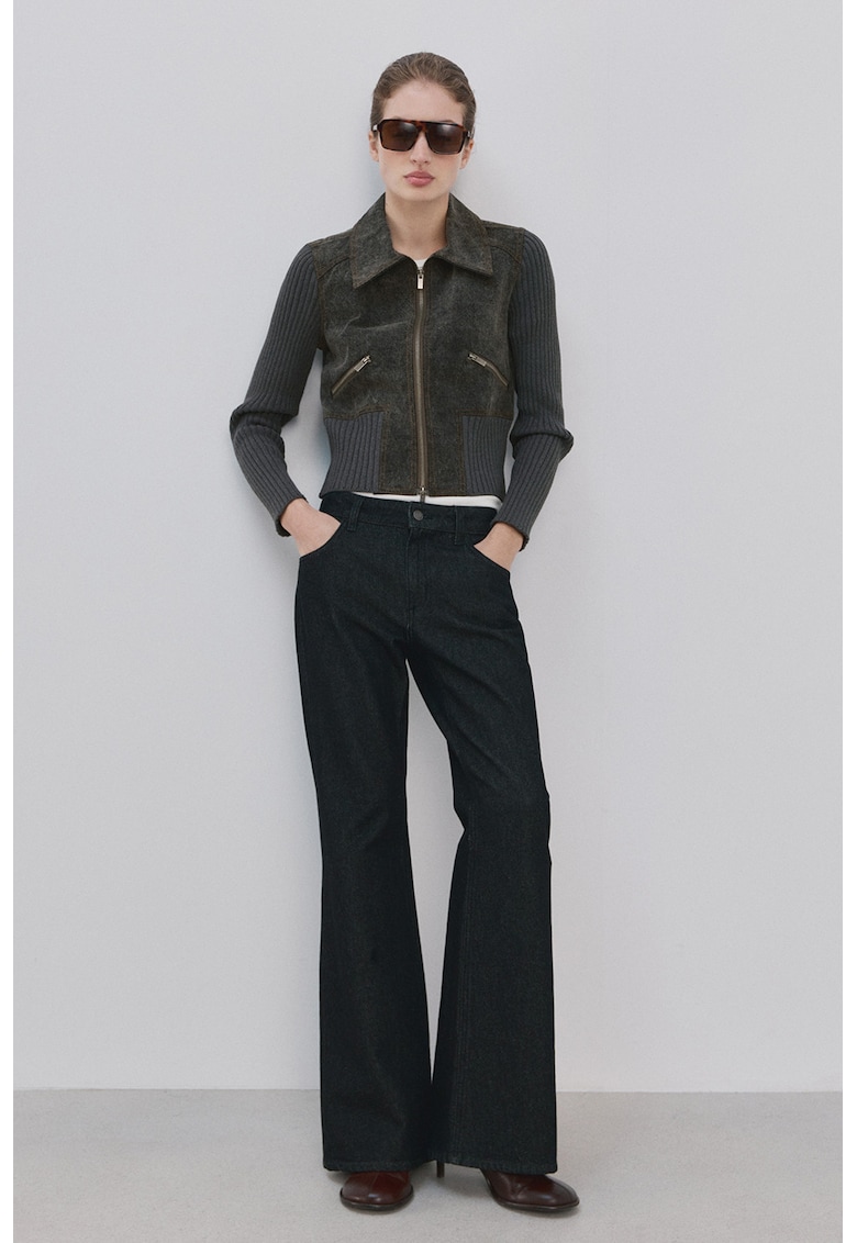 Jacheta crop cu segmente de denim - Gri carbune
