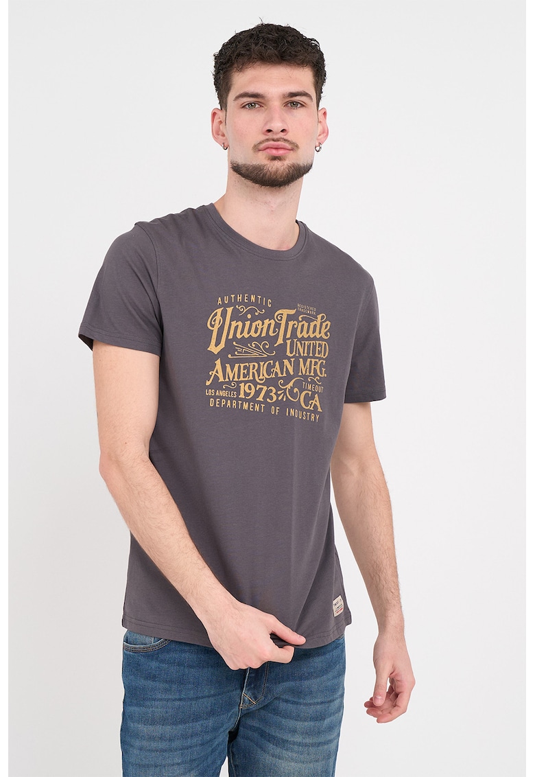Tricou cu decolteu la baza gatului si imprimeu logo - Portocaliu persan/Gri inchis