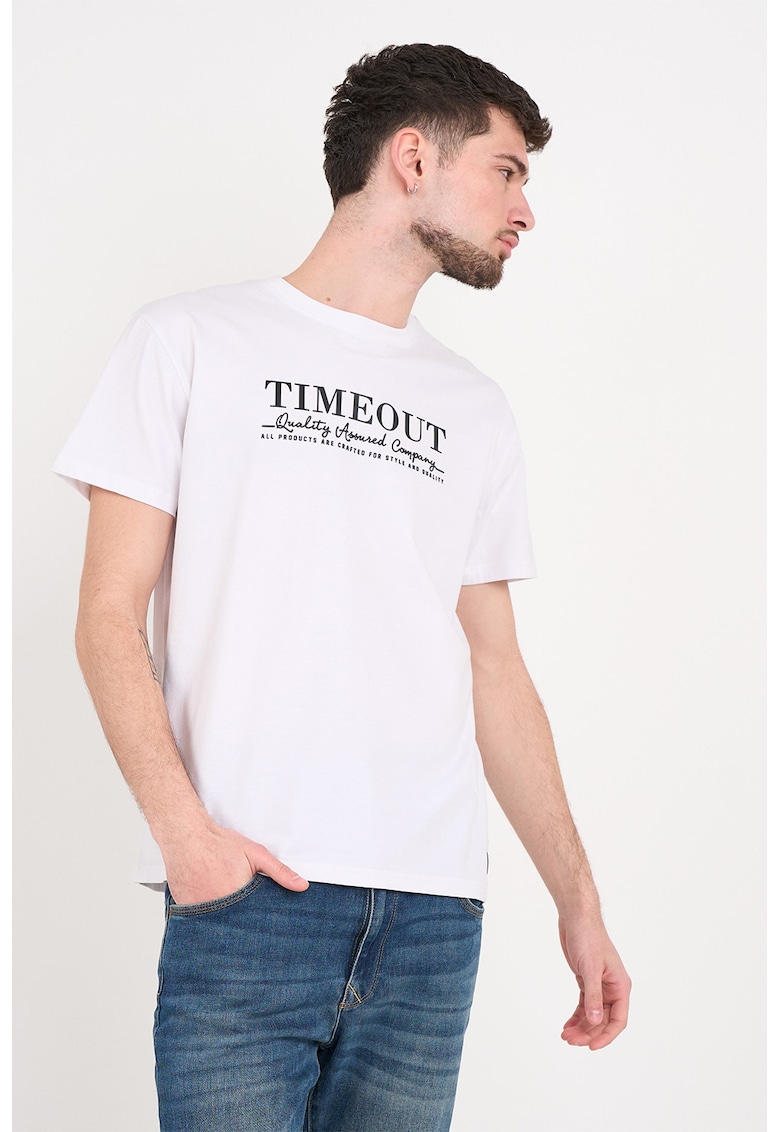 Tricou cu decolteu la baza gatului si imprimeu logo - Alb/Negru