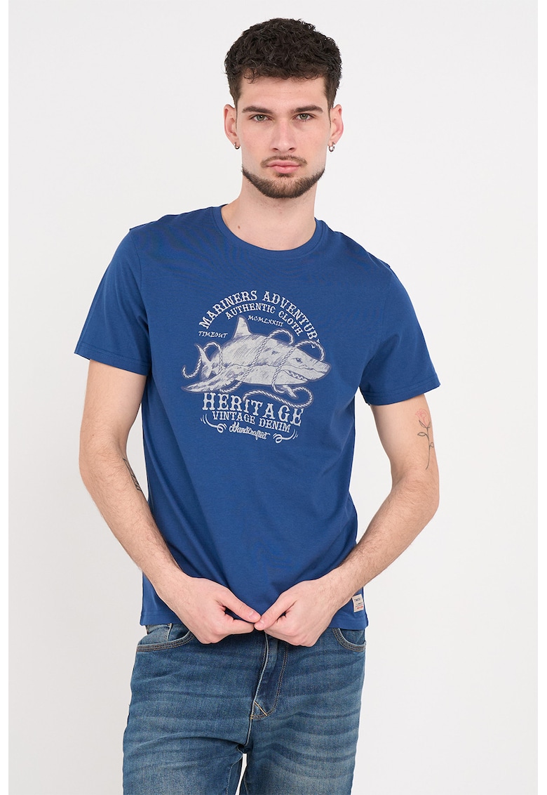 Tricou din bumbac cu design grafic si decolteu la baza gatului - Albastru inchis/Maro taupe deschis
