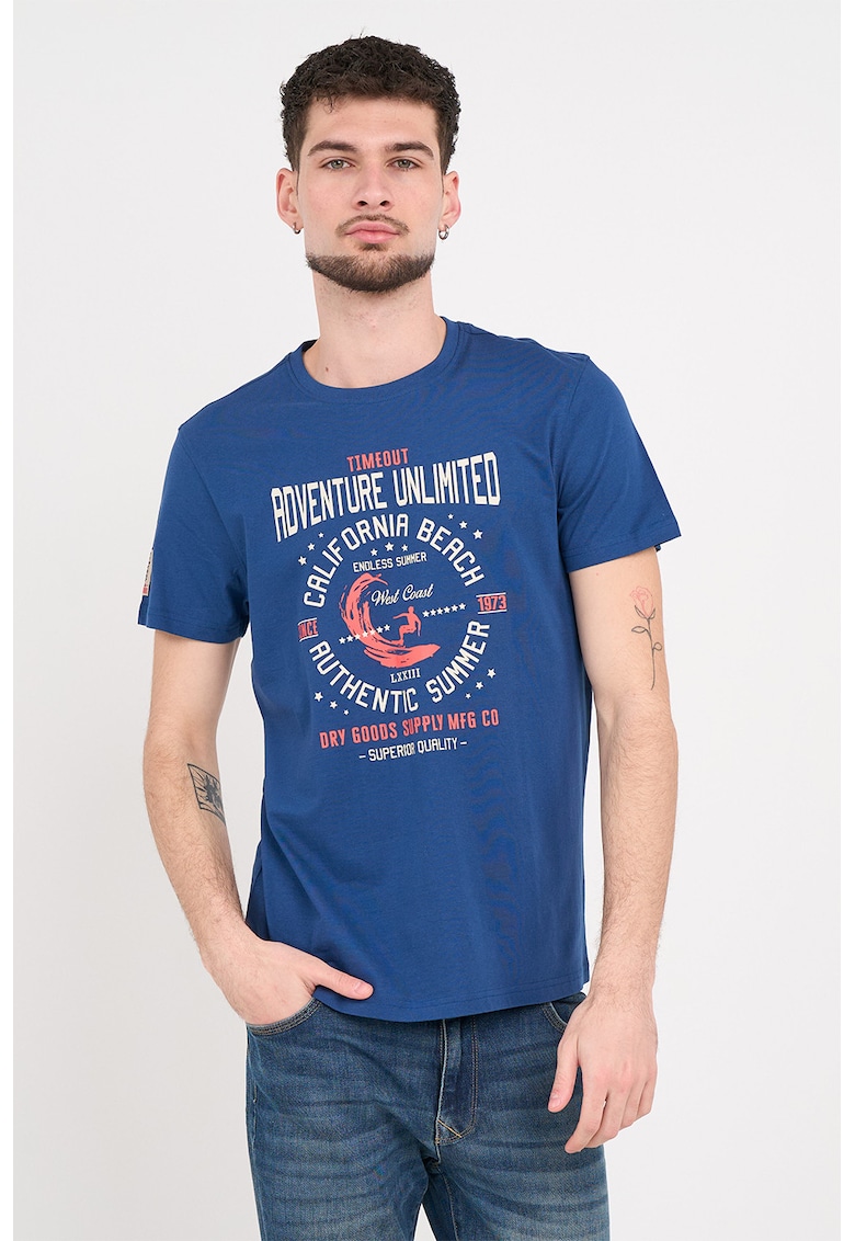 Tricou din bumbac cu imprimeu grafic si text - Alb fildes/Albastru inchis/Coral