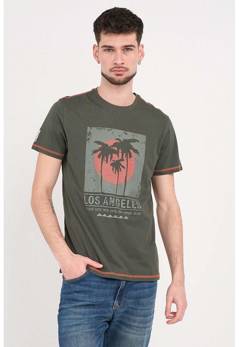 Tricou din bumbac cu imprimeu grafic si text - Coral/Verde pal/Kaki