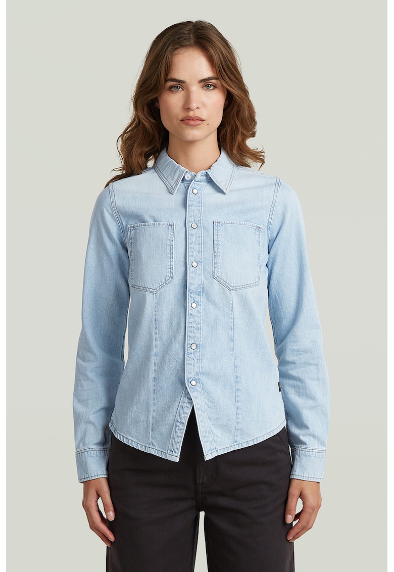 Camasa din denim cu buzunare pe piept - Albastru azur