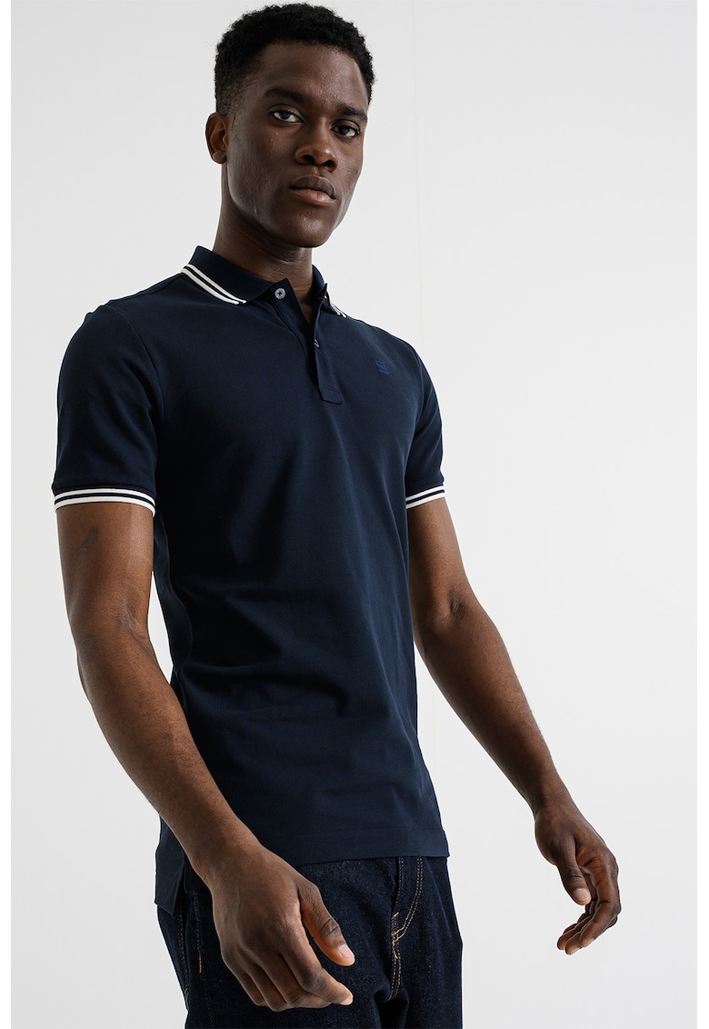 Tricou polo slim fit Dunda - Alb optic/Bleumarin
