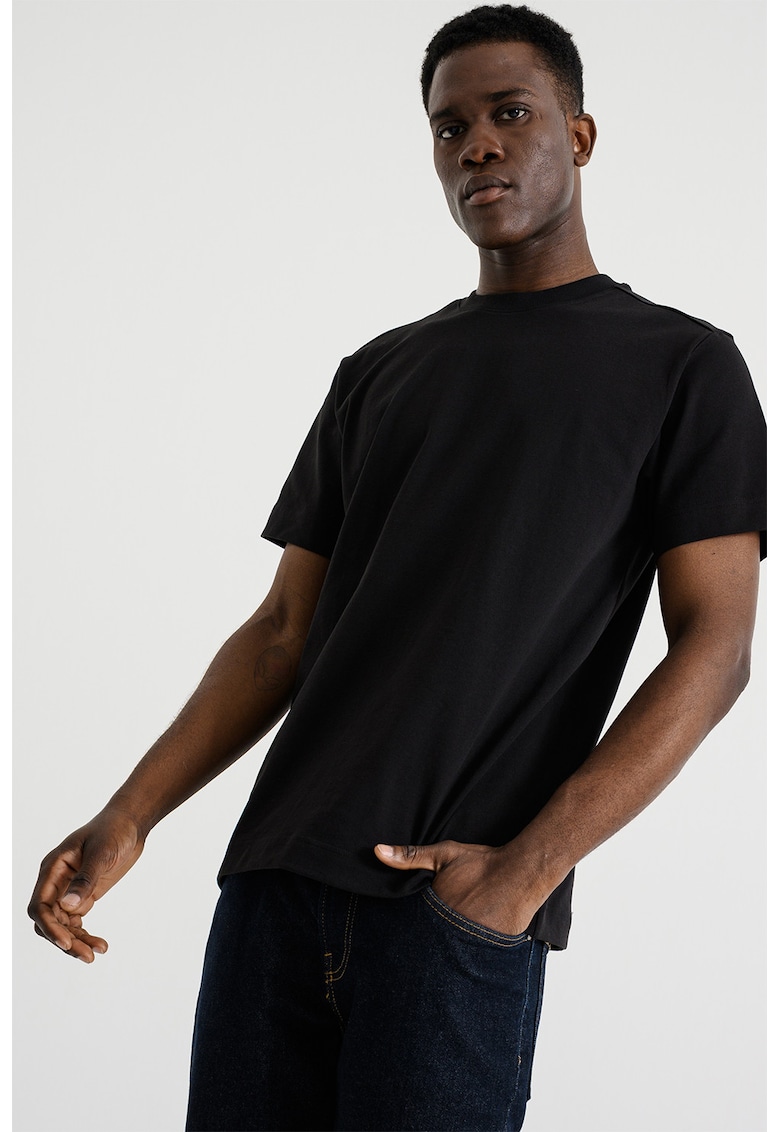 Tricou din bumbac organic cu decolteu la baza gatului - Negru