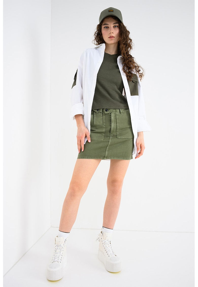Fusta de denim cu buzunare cu clapa - Verde feriga