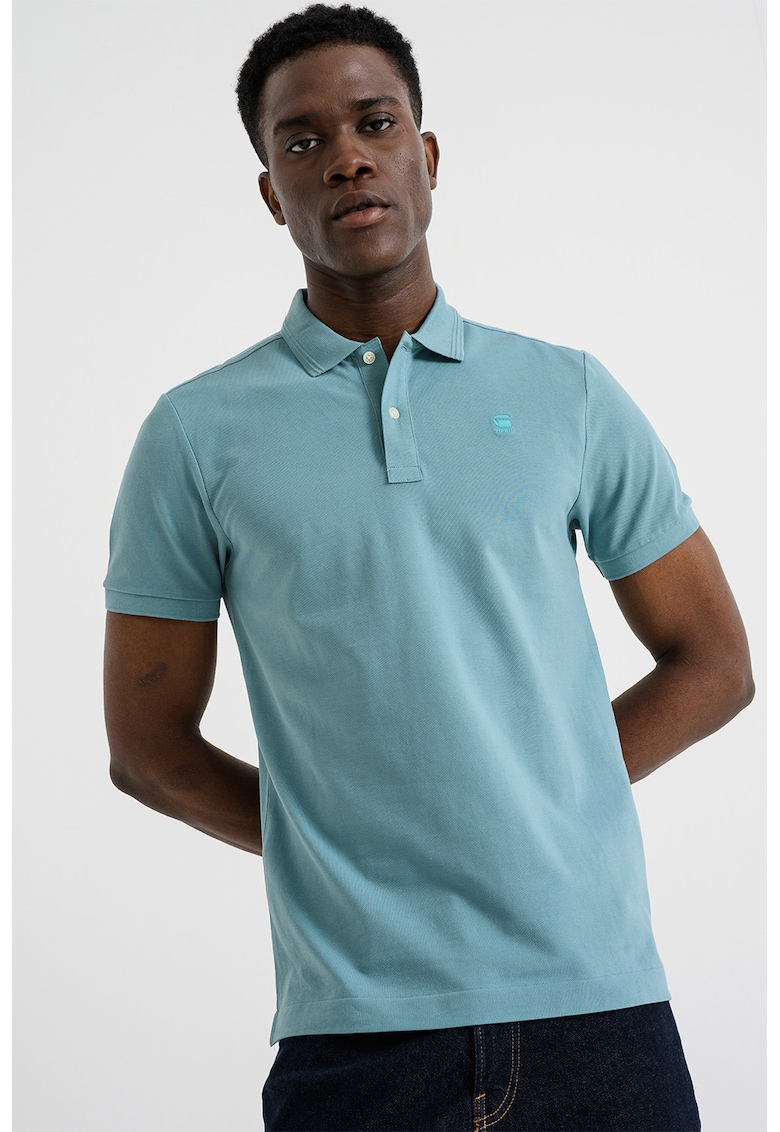 Tricou polo slim fit din amestec de bumbac organic cu logo discret Dunda - Albastru mineral melange