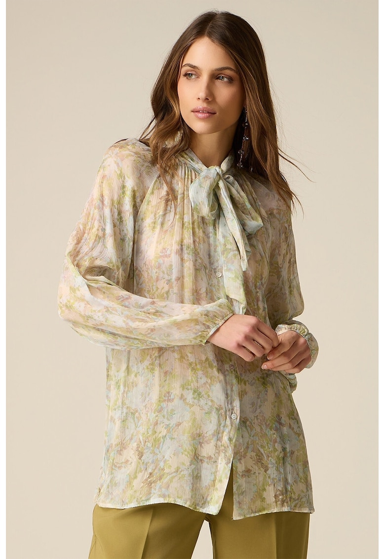 Bluza cu model floral si decolteu cu funda din panglici - Galben pal/Verde pal