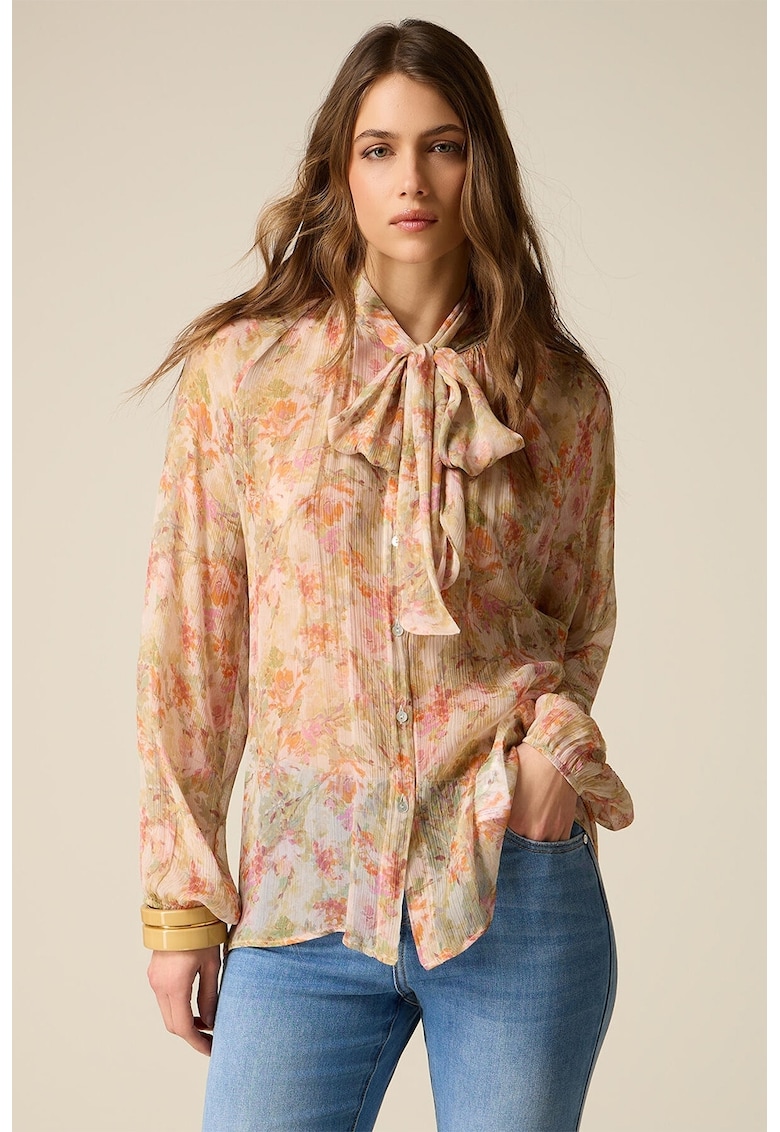 Bluza cu model floral si decolteu cu funda din panglici - Roz somon