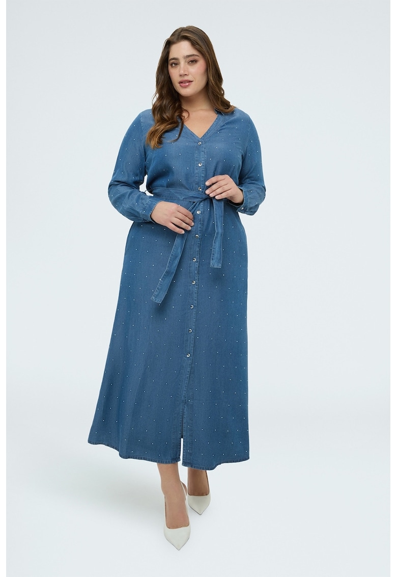 Rochie midi din lyocell si strasuri - Albastru prafuit