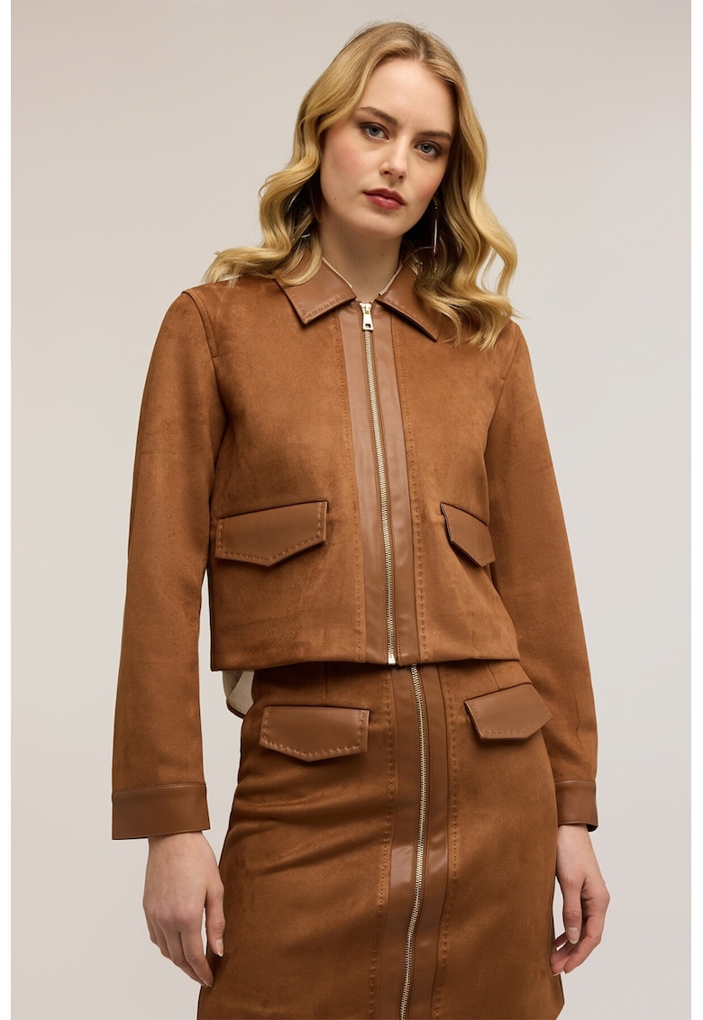 Jacheta crop de piele intoarsa sintetica - Caramel