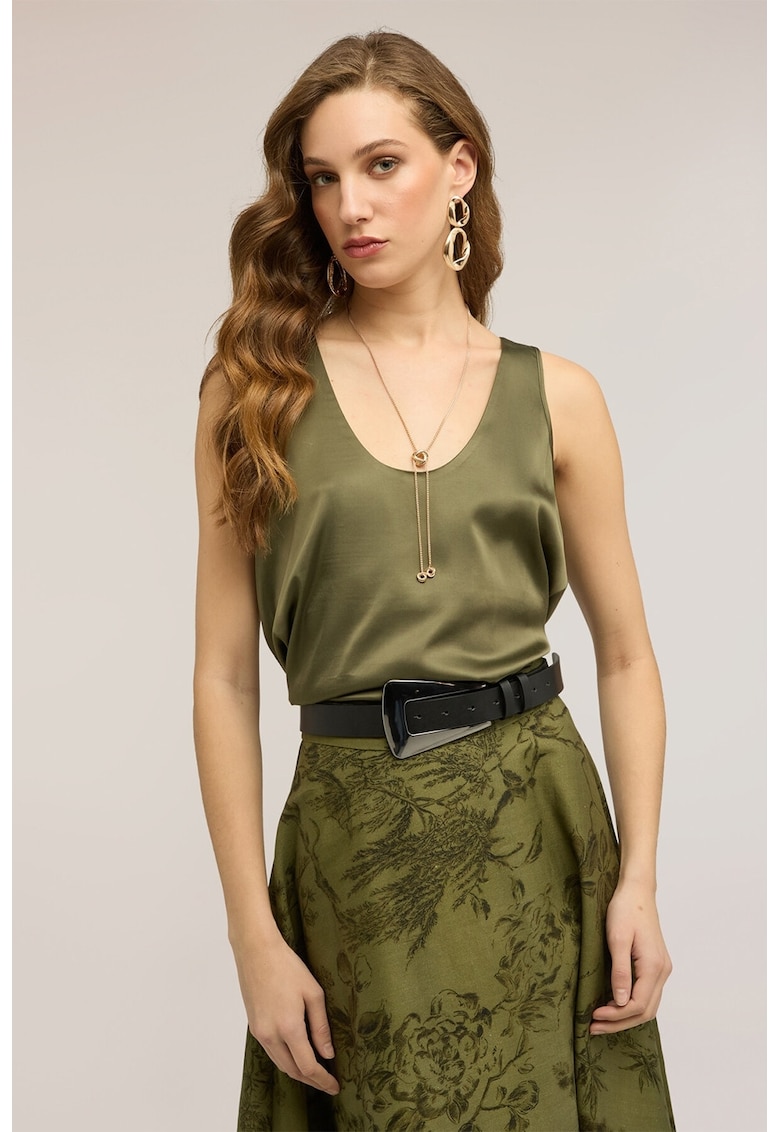 Top de satin cu decolteu adanc - Verde feriga