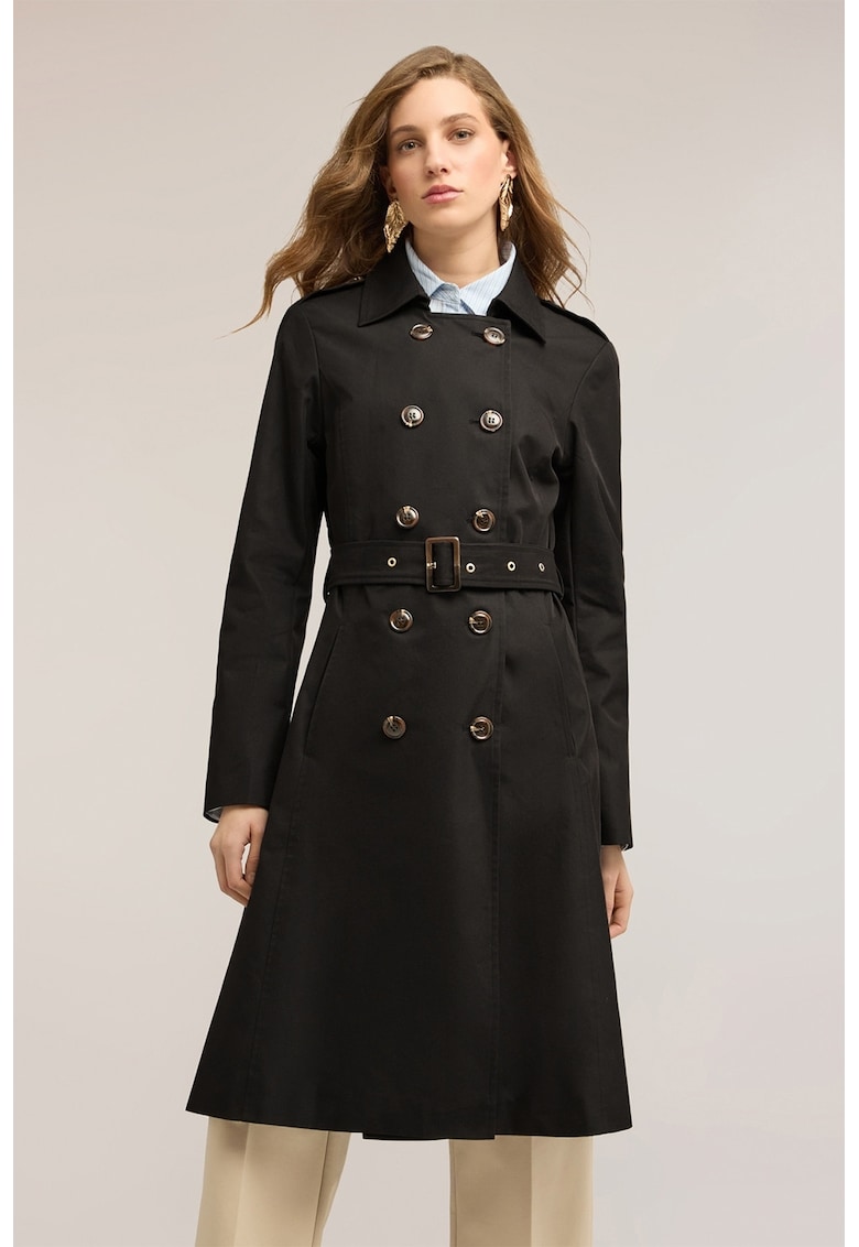 Trenci cu doua randuri de nasturi si prindere cu cordon - Negru