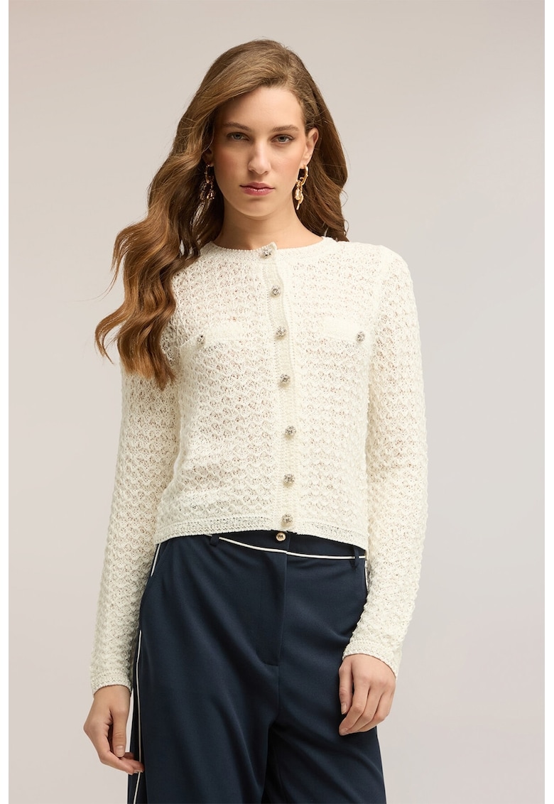 Cardigan cu nasturi tip bijuterie - Alb fildes
