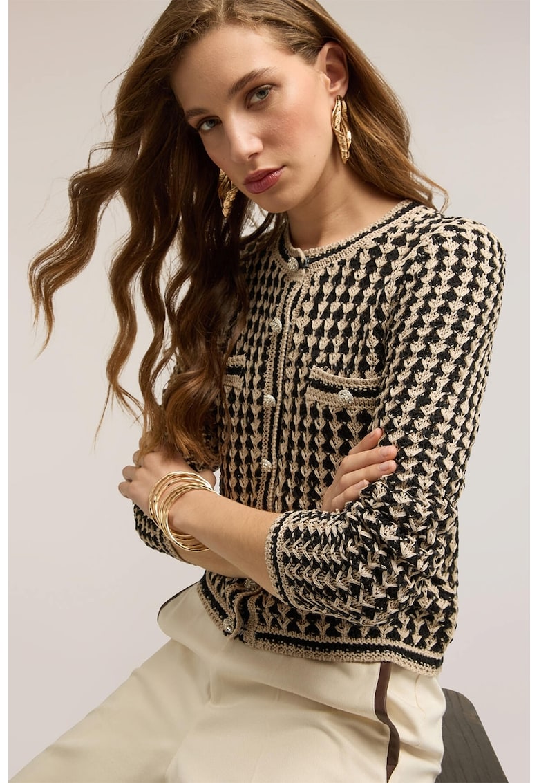Cardigan cu nasturi tip bijuterie - Negru/Maro nisip
