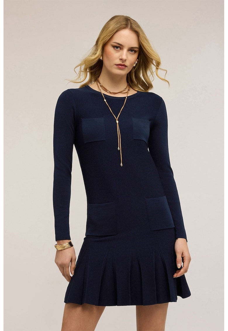 Rochie mini tricotata fin cu pliuri - Bleumarin