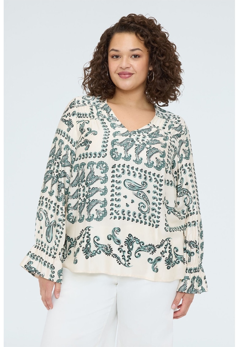 Bluza cu decolteu in V - Alb fildes/Verde pal