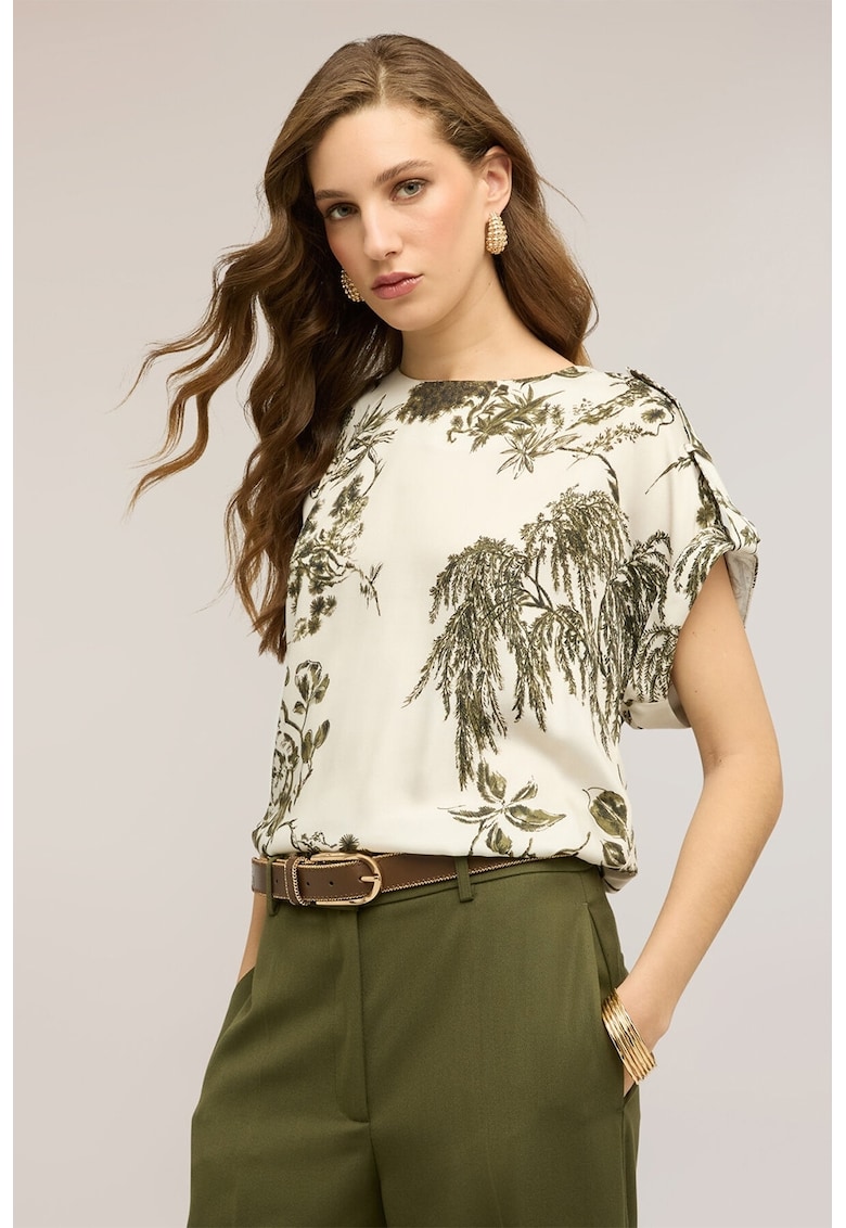 Bluza cu maneci scurte si model - Alb fildes/Verde sparanghel